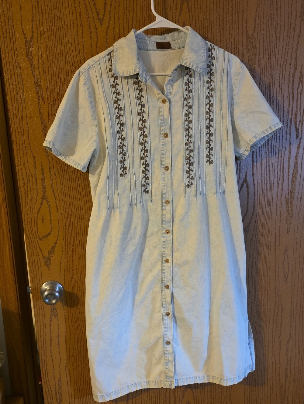 POL Light Blue Denim Midi Dress with Brown Embroidery